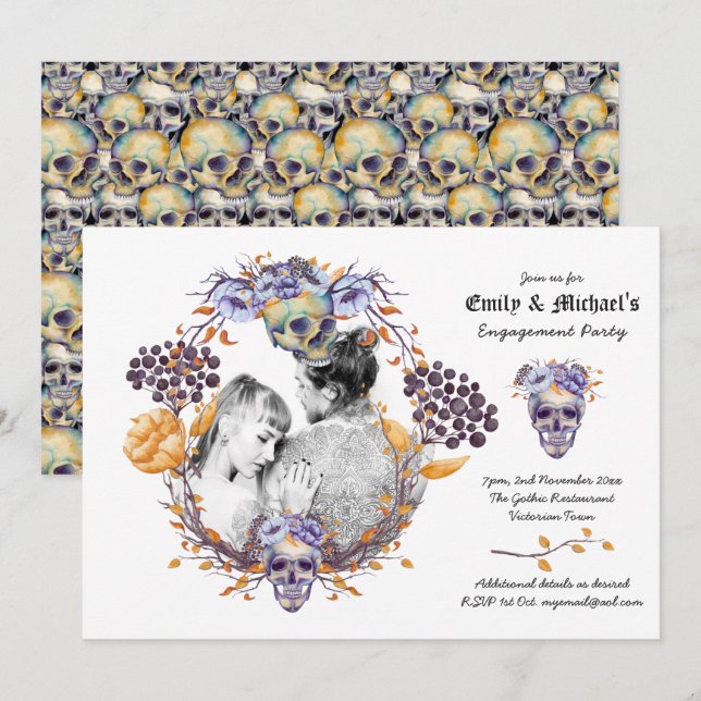 Gothic PHOTO Wedding/Engagement Purple Skulls Invitation (Front/Back)