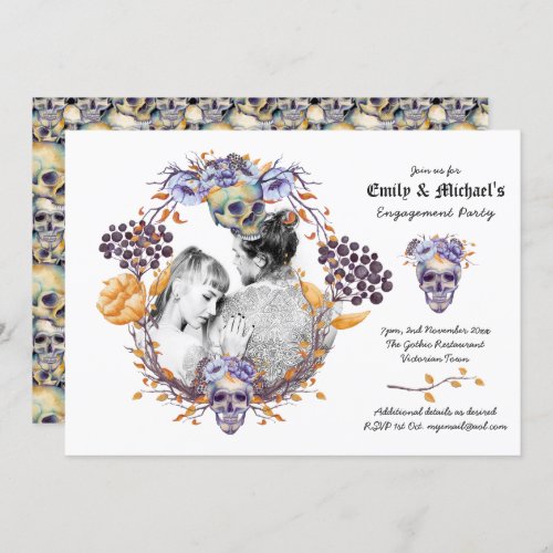 Gothic PHOTO WeddingEngagement Purple Skulls Invitation