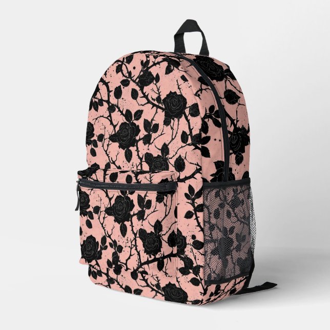 Gothic Pink and black Cemetery roses  Printed Backpack (Back Corner Right)