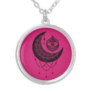 Gothic Pink and black ink Gothic eye  Silver Plated Necklace
