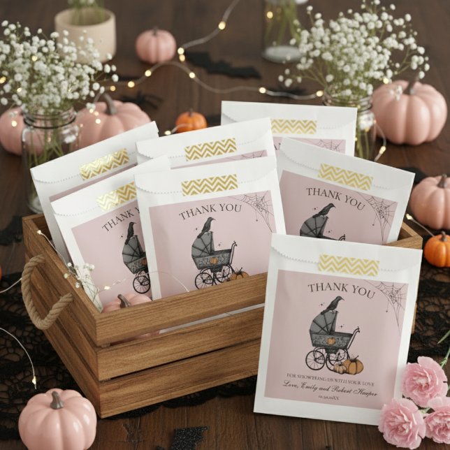 Gothic Pink Baby Carriage Baby Shower Thank You Favor Bag (Pink Gothic Halloween Baby Shower Favor Bag. Cute Spooky Vintage Baby Carriage, Pumpkins, Black Crow)
