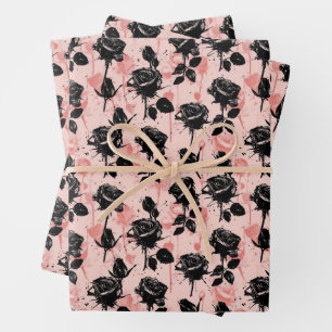 Gothic Pink & Black Roses Dark Romantic Wrapping Paper Sheets