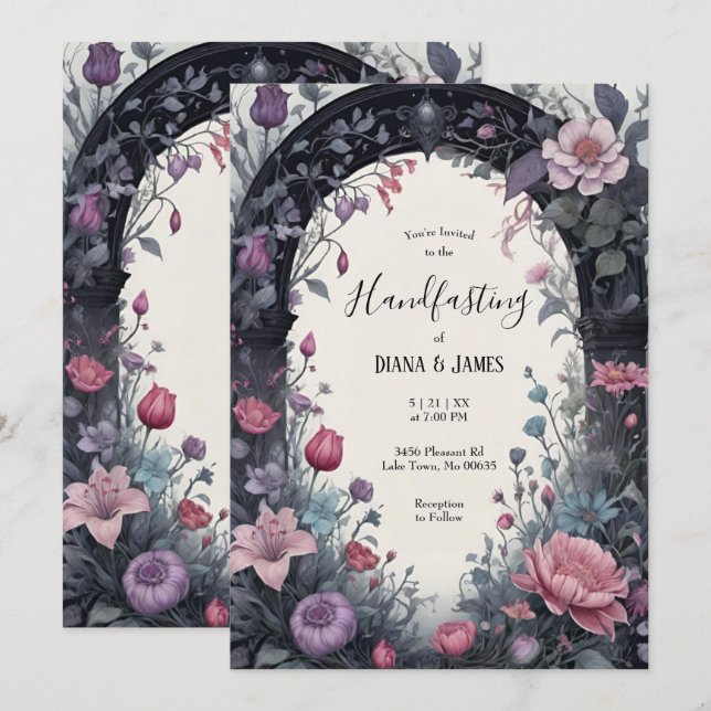 Gothic Pink Floral Garden Gate Pagan Handfasting Invitation (Front/Back)