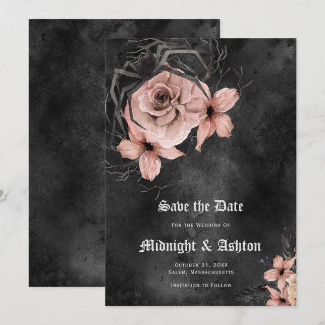 Gothic Pink Floral Spider Save the Date Invitation (Front/Back)