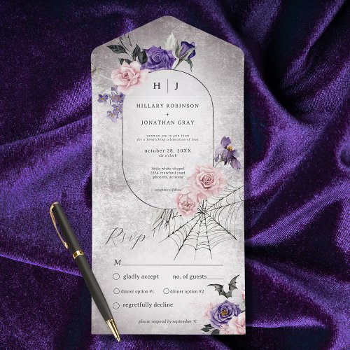 Gothic Pink  Purple Floral Halloween Dinner All In One Invitation