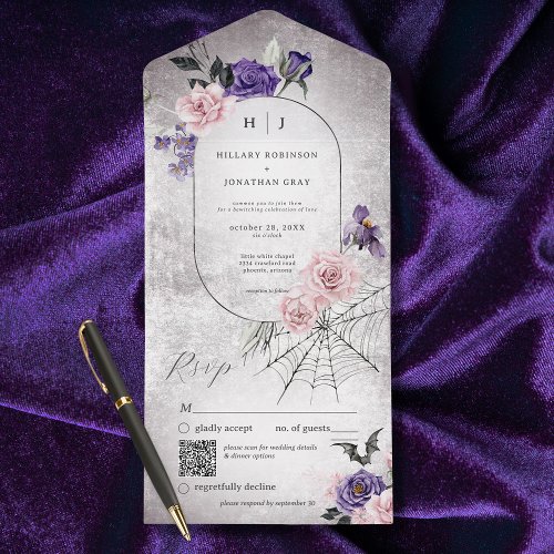 Gothic Pink  Purple Floral Halloween QR Code   All In One Invitation