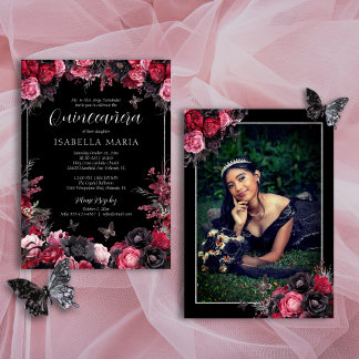 Gothic Pink Red & Black Moody Florals Quinceañera Invitation