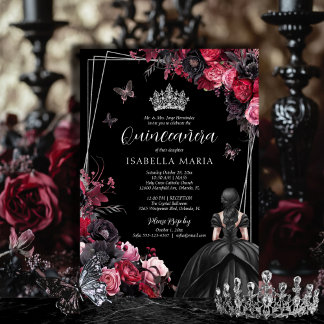 Gothic Pink Red & Black Moody Florals Quinceañera Invitation