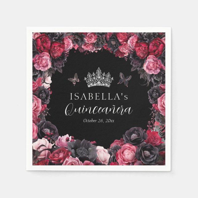 Gothic Pink Red & Black Moody Quinceañera Napkins (Front)