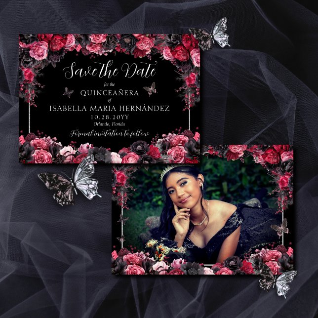Gothic Pink Red & Black Moody Quinceañera Save The Date (Elegant, gothic save the date card for quinceañera with pink, red and black moody florals.)