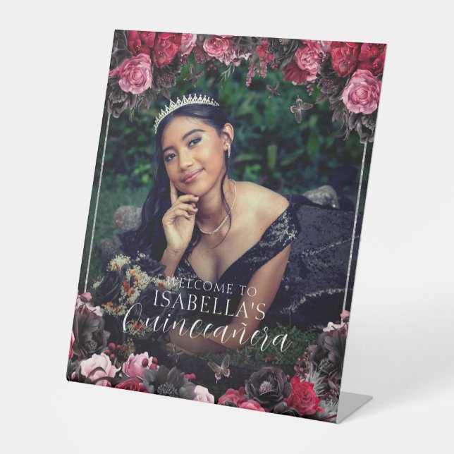 Gothic Pink Red & Black Quinceañera Welcome Pedestal Sign (Front)
