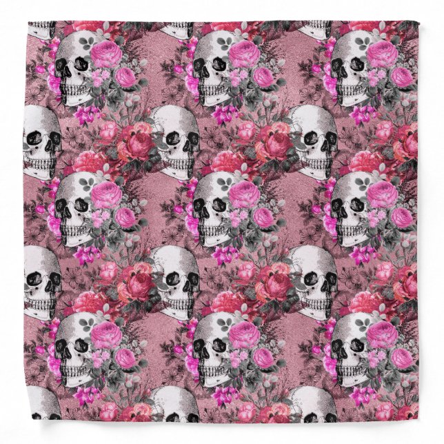Gothic Pink Skull And Roses Pattern Bandana (Front)