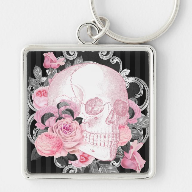 Gothic Pink Skull with Roses Keychain (Front)