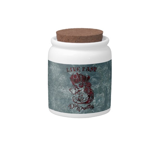 Gothic Pirate Skull Woman Live Fast Die Pretty Candy Jar (Front)