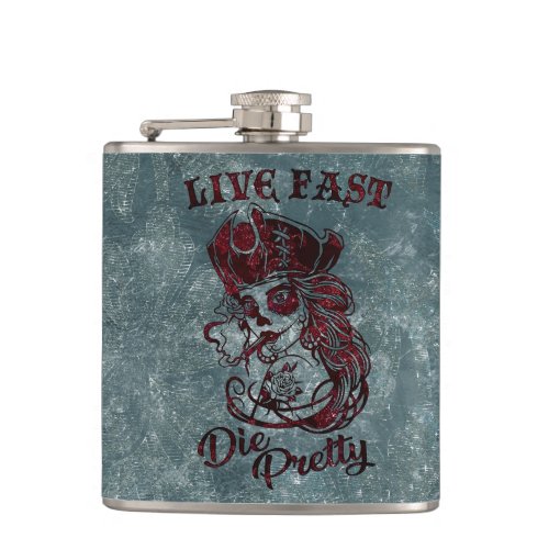 Gothic Pirate Skull Woman Live Fast Die Pretty Flask