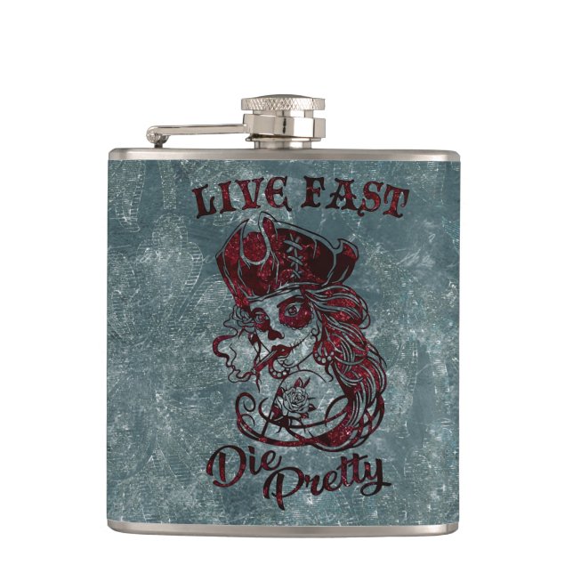 Gothic Pirate Skull Woman Live Fast Die Pretty Flask (Front)