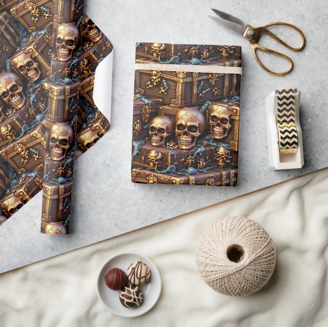 gothic pirate theme birthday skull treasure chest wrapping paper (Crafts)