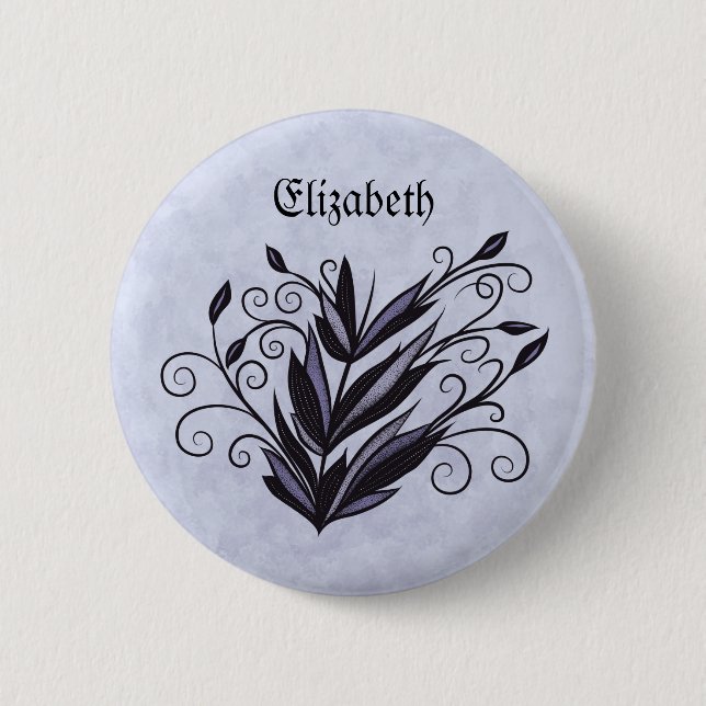 Gothic Plant Art - Black and Purple Floral Name Button (Front)