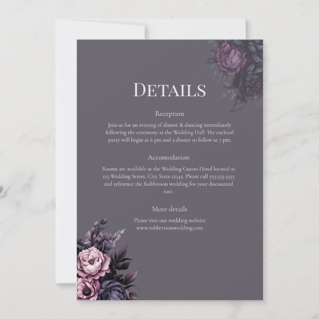 Gothic Plum Floral Wedding Details Card (Front)