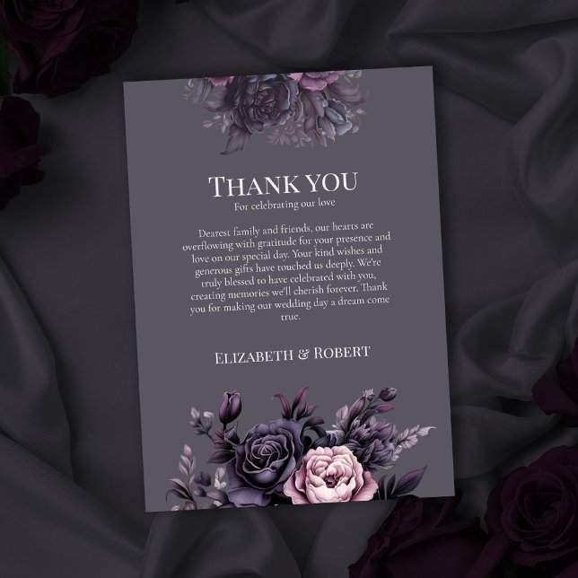 Gothic Plum Floral Wedding Thank You Card (Gothic Plum Floral Wedding Thank You Card on gothic wedding table with dark roses)
