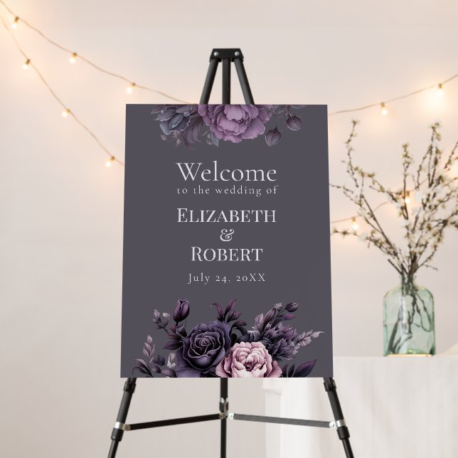 Gothic Plum Floral Wedding Welcome Sign (In Situ (Stand))