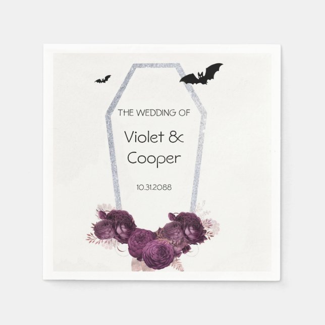 Gothic Plum Peony Silver Coffin Wedding Napkins (Front)