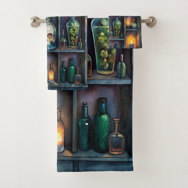 Gothic Potion Bottles – Dark Apothecary Bath Towel Set (Insitu)