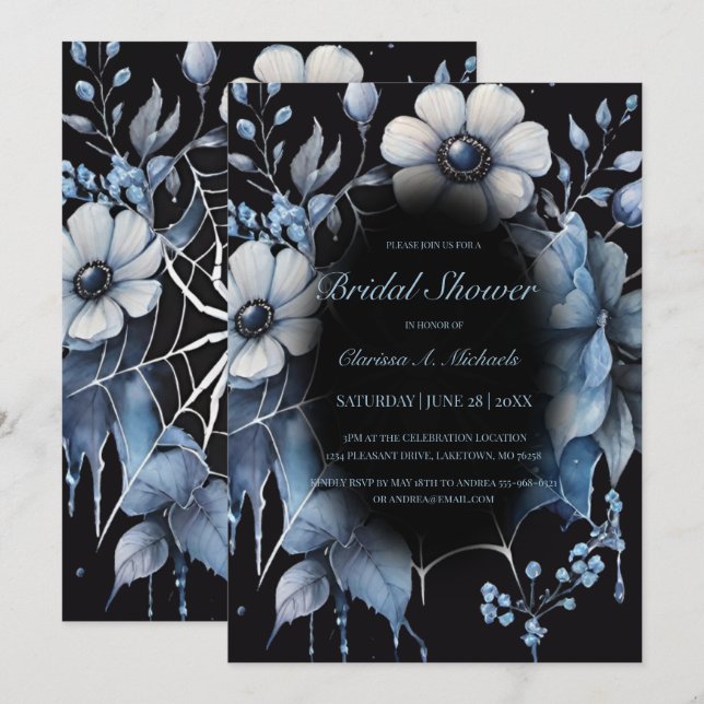 Gothic Powder Blue Floral Spider Web Bridal Shower Invitation (Front/Back)
