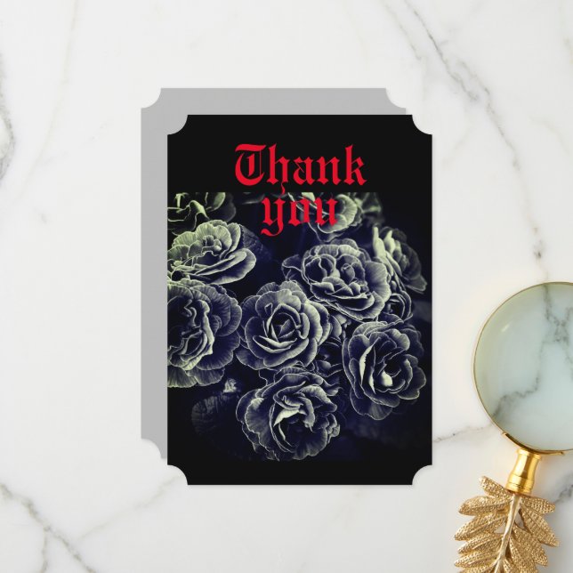 Gothic Primula Flowers, Black and White Thank You Card (Front/Back In Situ)