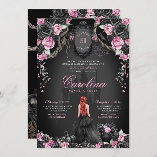 Gothic Princess Halloween Pink Black Quinceanera Invitation