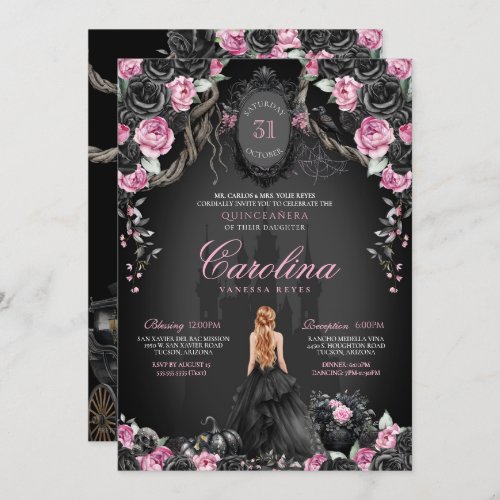 Gothic Princess Halloween Pink Black Quinceanera Invitation