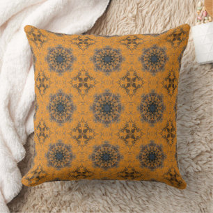 Gothic Pumpkin Orange Dusty Blue Mandala and Cross Throw Pillow