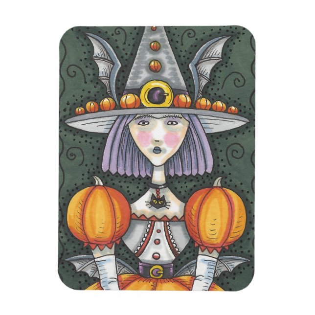 Gothic Pumpkin Witch Halloween Folk Art Magnet (Vertical)