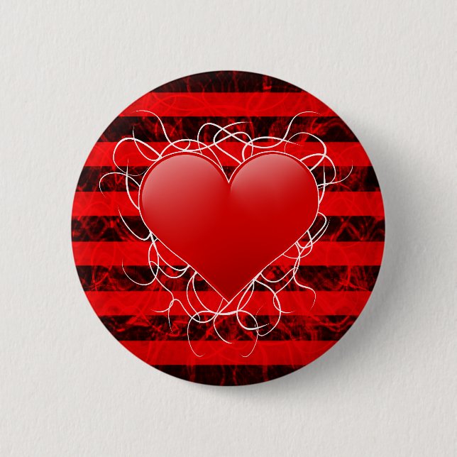 Gothic punk emo red heart with black stripes pinback button (Front)