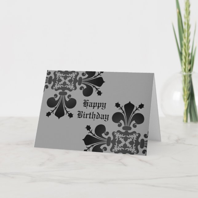 Gothic punk royal fleur de lis damask black gray card (Front)