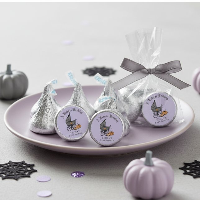 Gothic Purple A Baby is Brewing Baby Shower Favor (Purple A Baby Is Brewing Halloween Baby Shower Chocolate Candy Favor. Spooky Fall Carriage & Pumpkin)