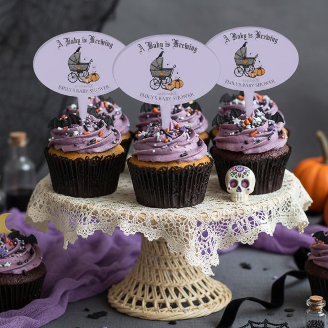 Gothic Purple A Baby is Brewing Fall Baby Shower Cake Topper (Gothic Chic Halloween Baby Shower Purple Cake Toppers. Spooky Baby Carriage, Black Raven, Pumpkin)