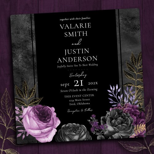 Gothic Purple and Black Floral Wedding All in One Invitation