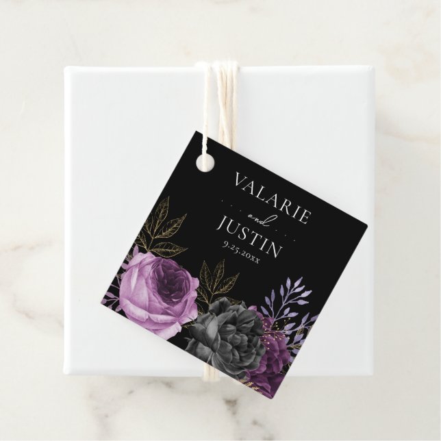 Gothic Purple and Black Floral Wedding Favor Tags (In Situ)