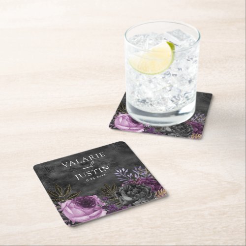 Gothic Purple and Black Floral Wedding Square Paper Coaster