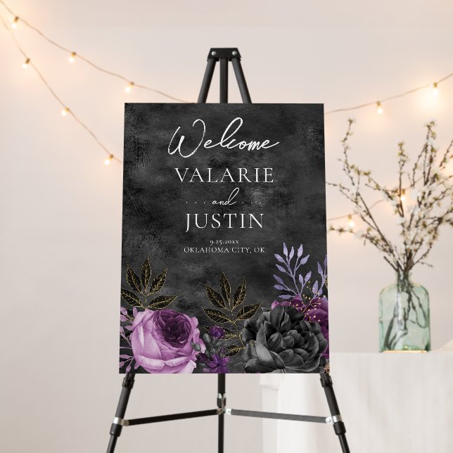 Gothic Purple and Black Floral Welcome Wedding Foam Board (In Situ (Stand))