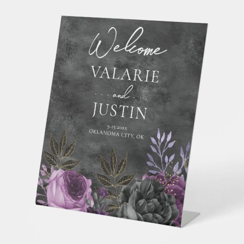 Gothic Purple and Black Floral Welcome Wedding Pedestal Sign