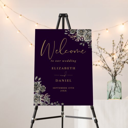 Gothic Purple And Gold Floral Wedding Welcome Sign