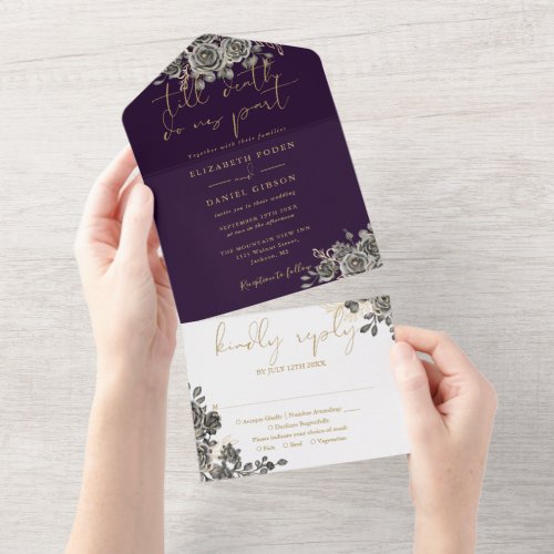 Gothic Purple And Gold Roses Floral Wedding All In One Invitation