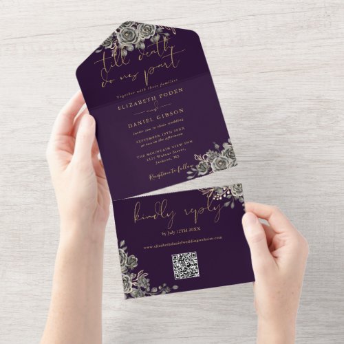 Gothic Purple And Gold Roses QR Code Wedding All In One Invitation