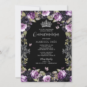 Gothic Purple & Black Moody Florals Quinceañera Invitation