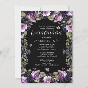 Gothic Purple & Black Moody Florals Quinceañera Invitation