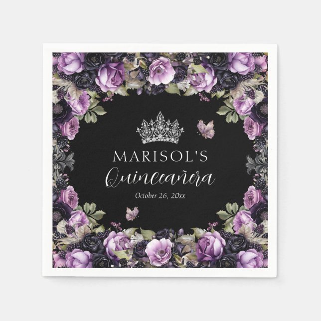 Gothic Purple & Black Moody Florals Quinceañera Napkins (Front)