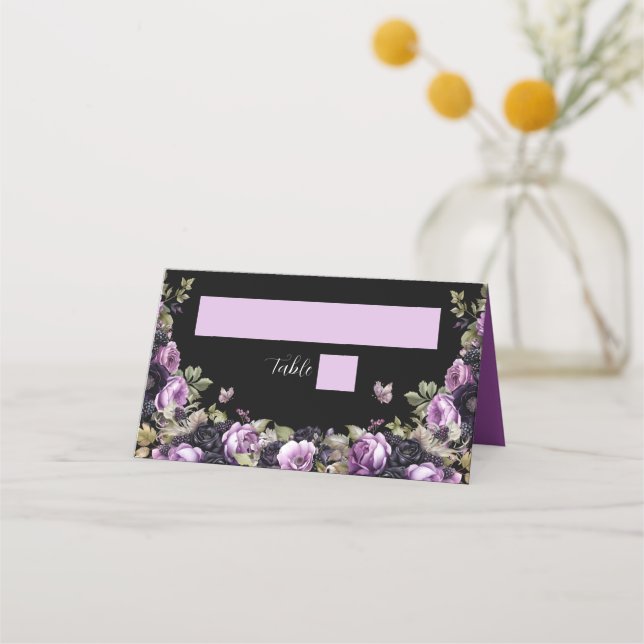 Gothic Purple & Black Moody Florals Quinceañera Place Card (Front)