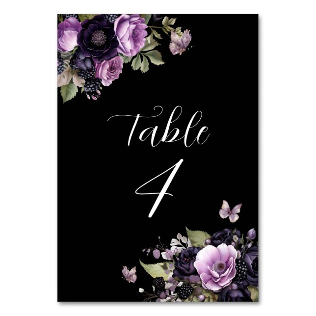 Gothic Purple & Black Moody Florals Quinceañera Table Number (Front)